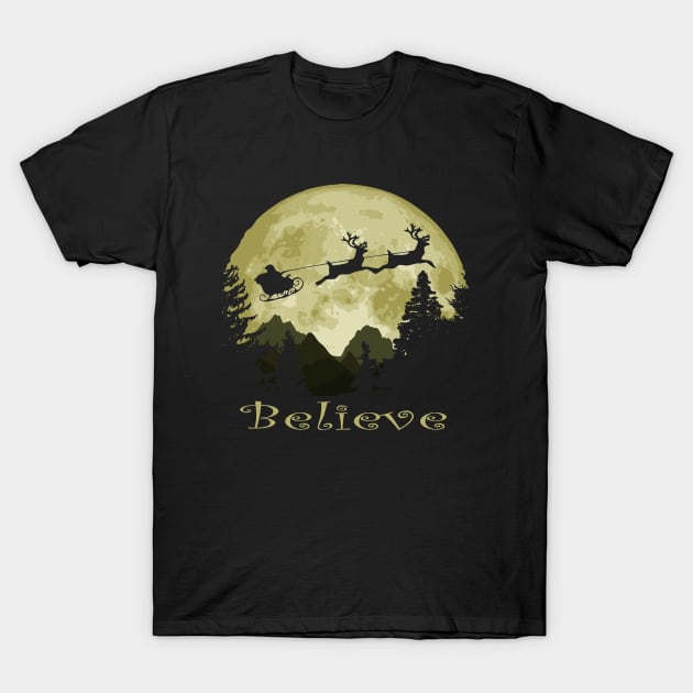 Santa Claus And Moon Believe T-Shirt by Nerd_art